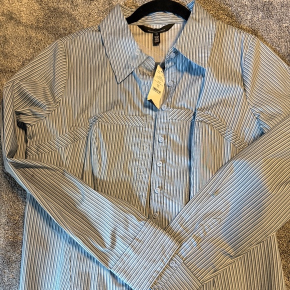 White House Black Market Long Sleeve Corset Poplin Button Down Shirt Blue Stripe - Picture 3 of 7